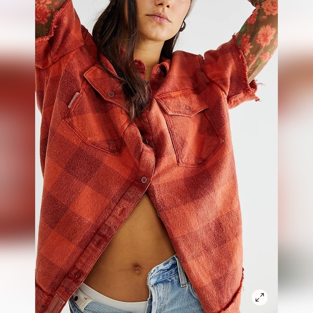 Free People Flower Fields Twofer Flannel Top Sheer Floral Sleeves Small Orange - Picture 3 of 11